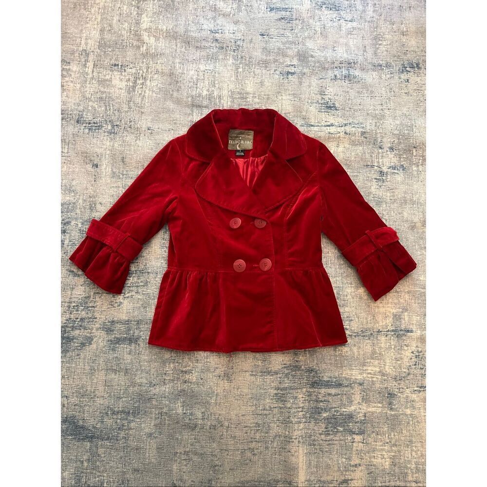 Mac & Jac Red Double Breasted Velvet Peplum 3/4 Sleeve Jacket Size 8
